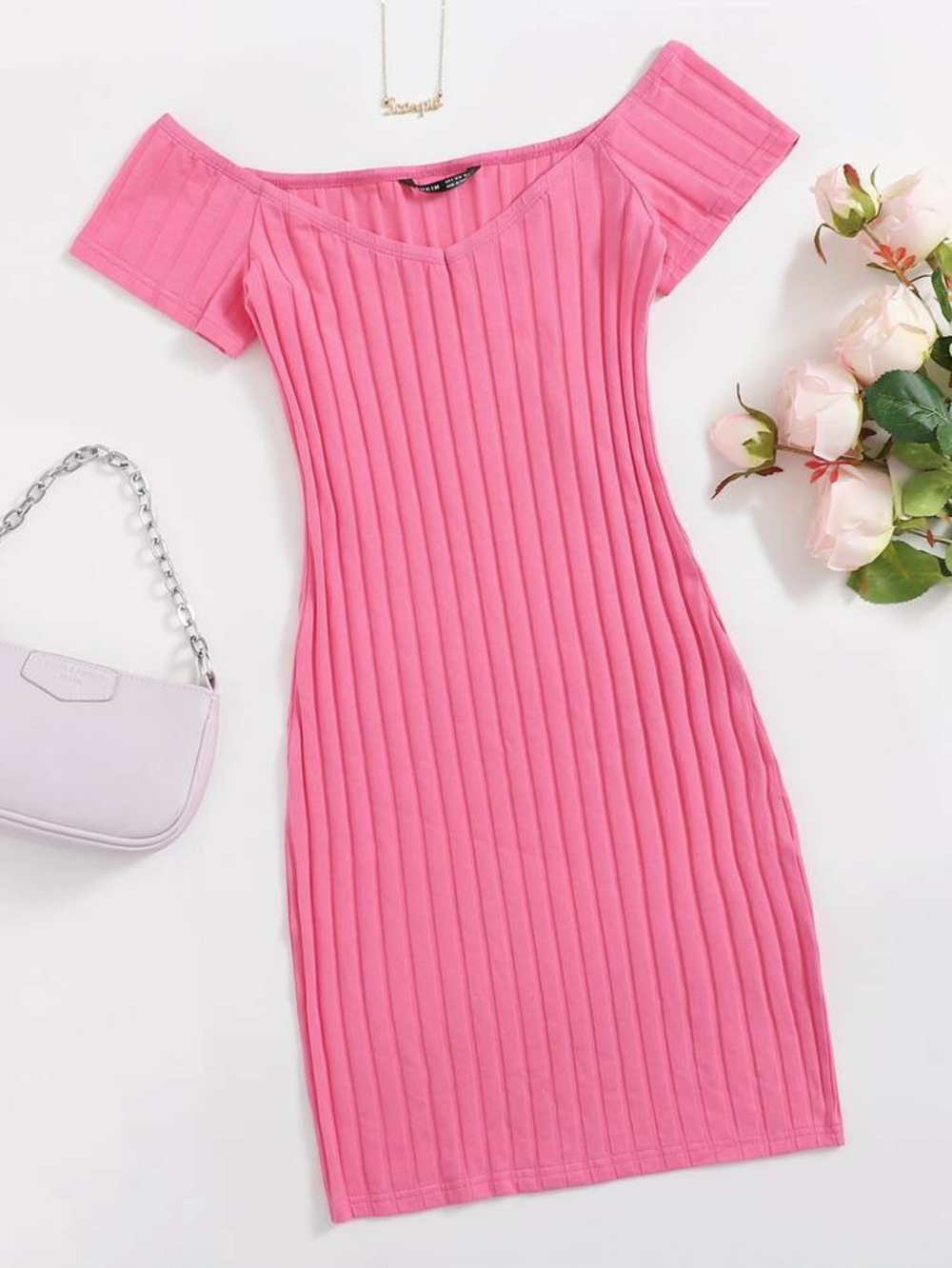 SHEIN Pink Off-Shoulder Ribbed Bodycon Dress